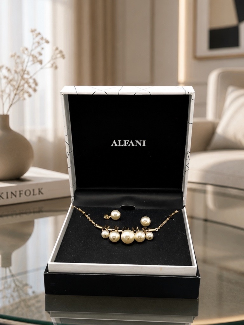 Alfani Gold-Tone Tube Imitation Pearl Statement Necklace & Drop Earrings Set